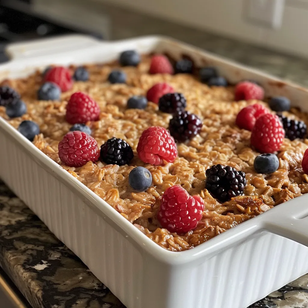 Side view of a hearty baked oatmeal dish with a golden brown top and colorful berries.