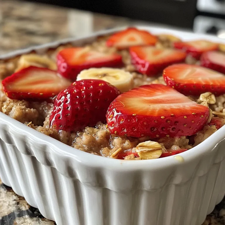 A close-up view of baked strawberry oatmeal topped with fresh strawberries and a sprinkle of cinnamon.