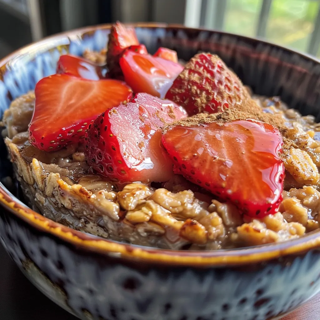 A serving of baked strawberry oatmeal in a bowl, featuring chunks of strawberries and a golden-brown crust.