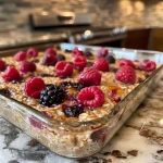 Close-up view of baked oatmeal topped with vibrant mixed berries.