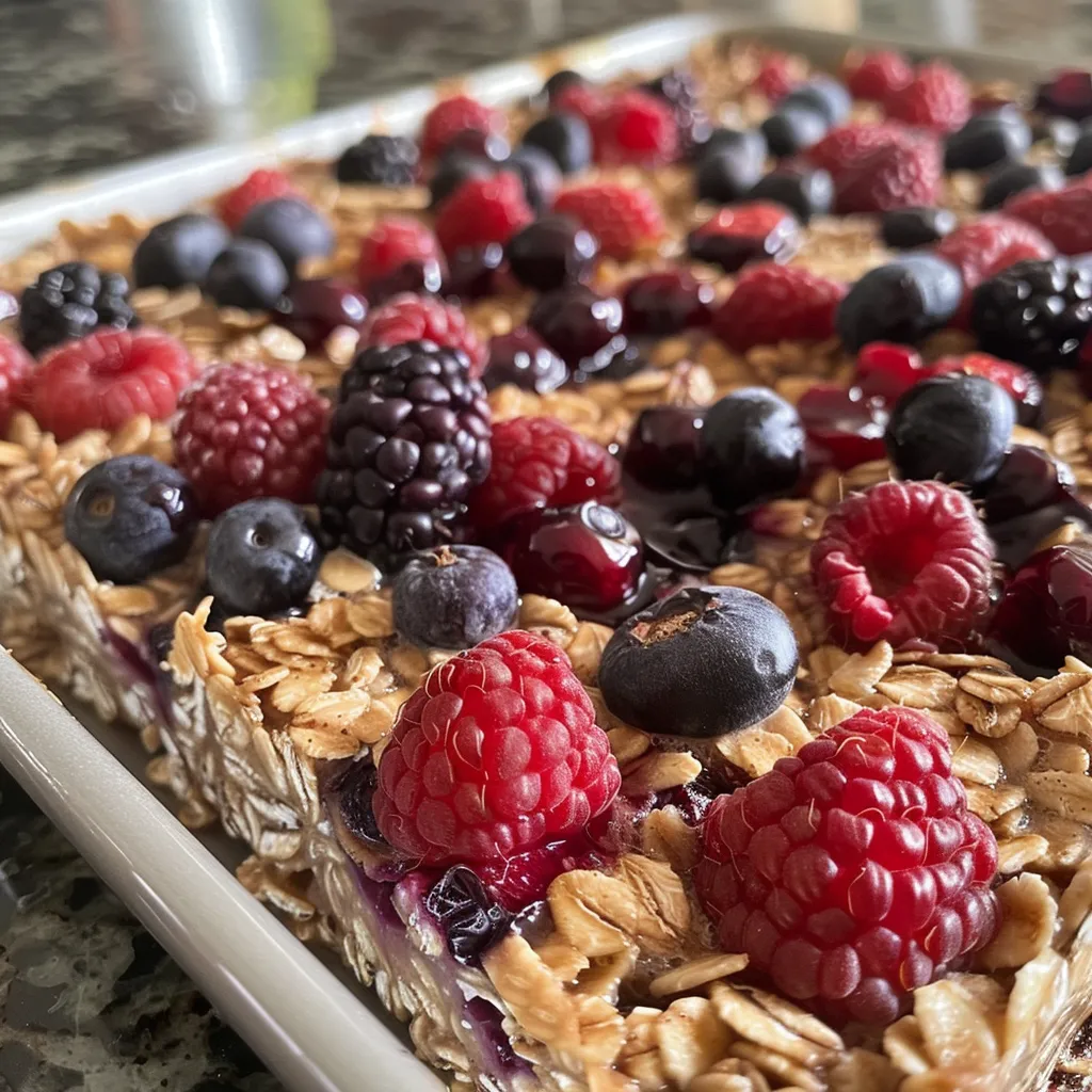 Side view of a bowl comprising baked oatmeal with colorful fruit toppings.
