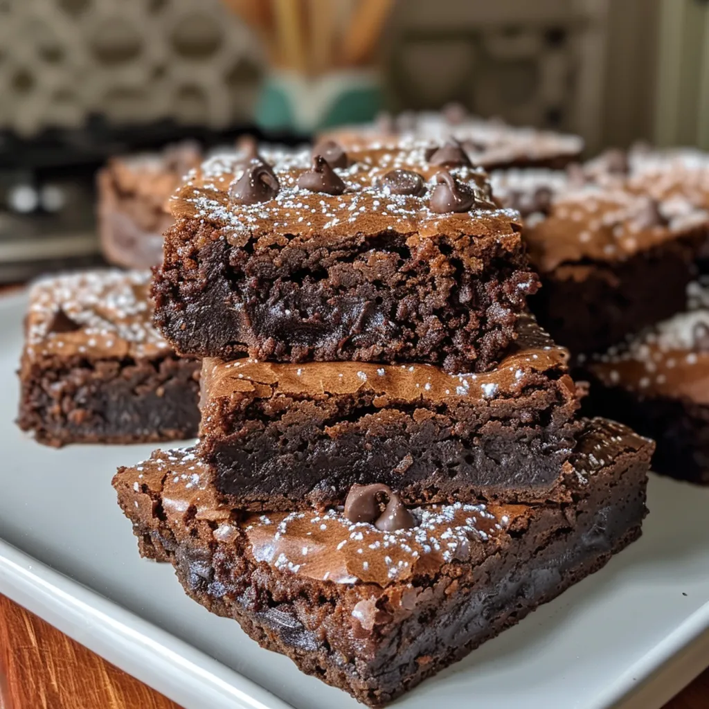 Delicious homemade brownies with a glossy surface and chocolate pieces.