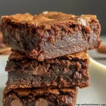Close-up side view of rich, fudgy brownies, showcasing a glossy top and moist texture.