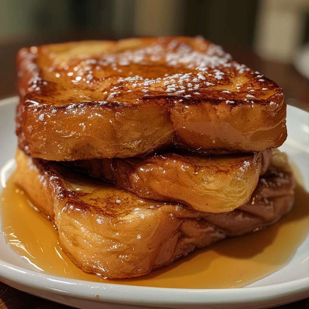 Side angle of golden brown French toast on a plate, garnished with powdered sugar.