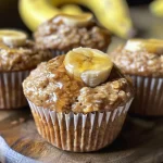 A close-up view of golden-brown banana muffins with chocolate chips, set against a rustic wooden background.