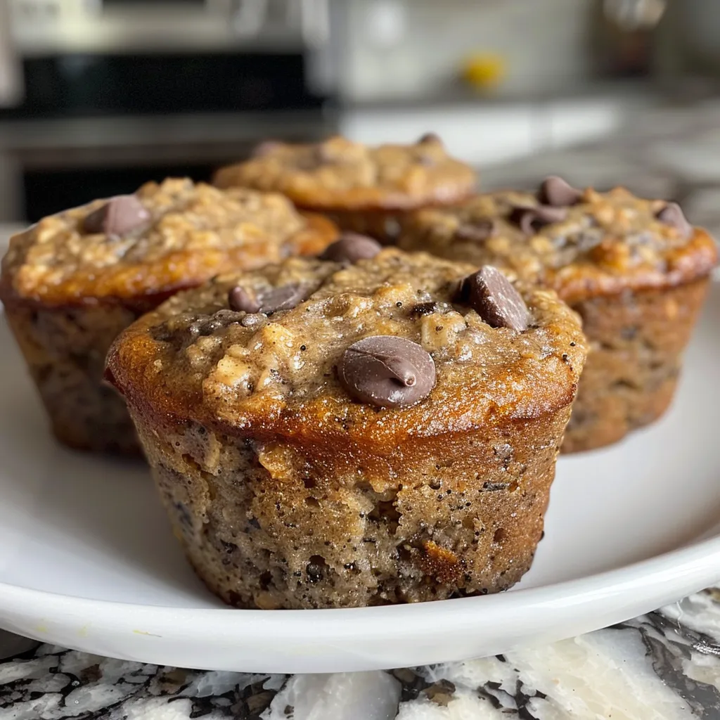 Sliced banana muffins displaying a moist texture and scattered chocolate chips, captured from the side.