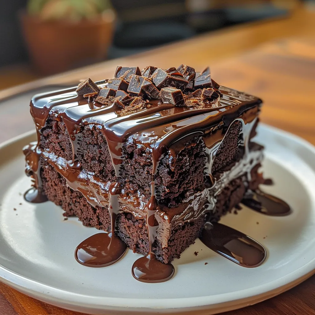 Side view of a decadent chocolate cake with rich frosting and a soft texture.
