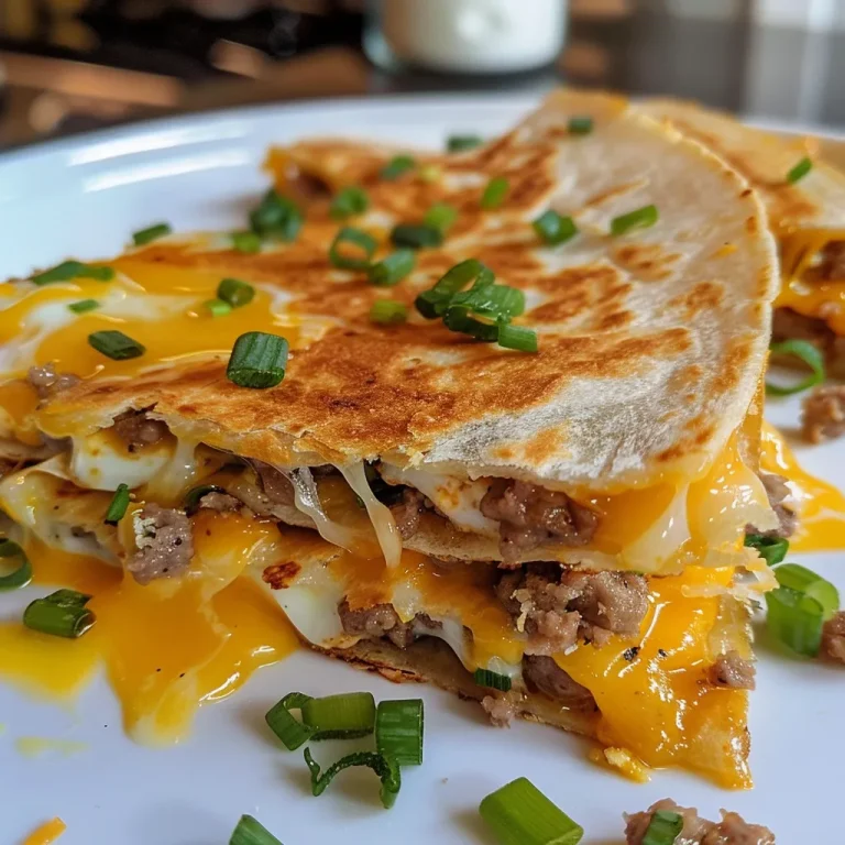 Close-up view of a breakfast quesadilla filled with melted cheese and ground turkey.