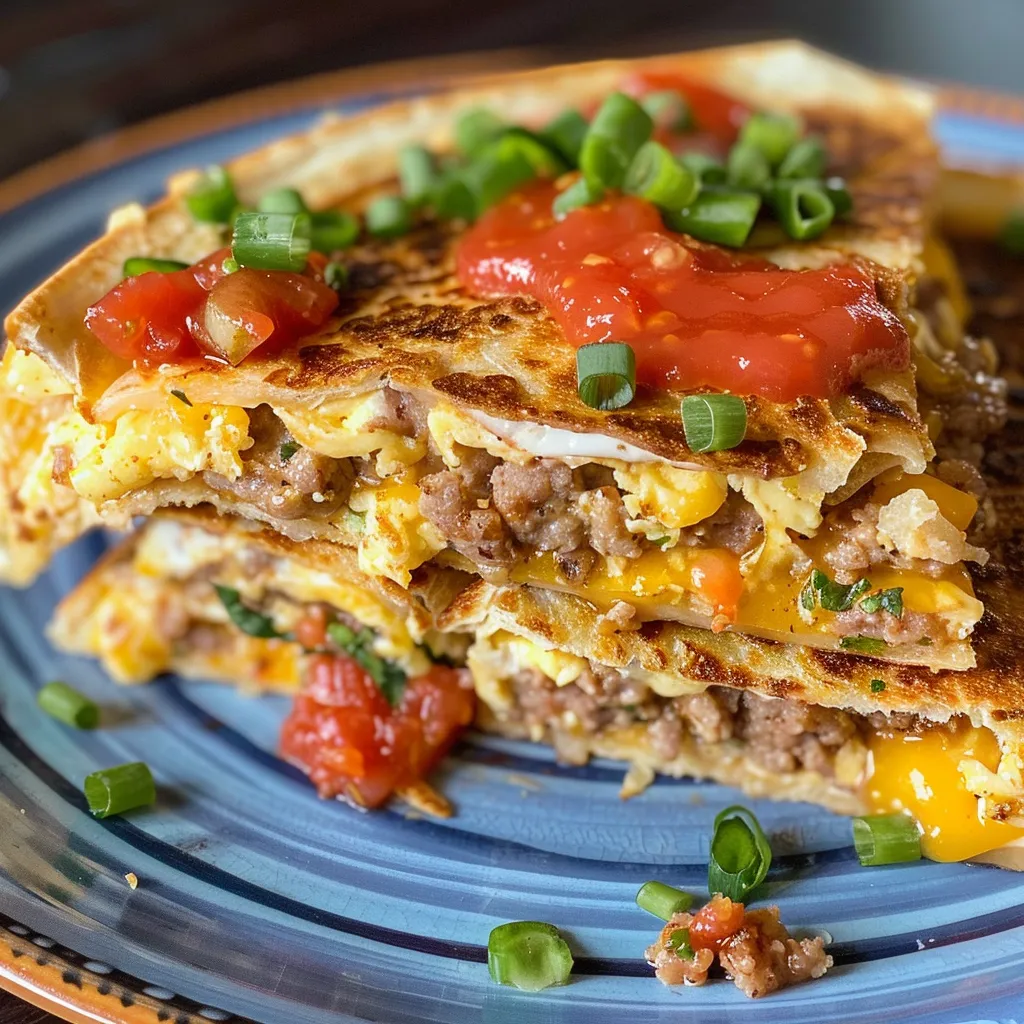 Close-up of a crispy breakfast quesadilla, garnished with sliced green onions.
