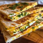 Close-up view of golden-brown breakfast quesadillas filled with melted cheese and vegetables.