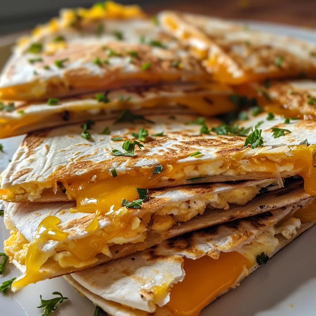 Side view of delicious breakfast quesadillas with visible layers of cheese and eggs on a plate.