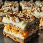 Close-up view of carrot cake bars topped with cream cheese frosting and pecans.
