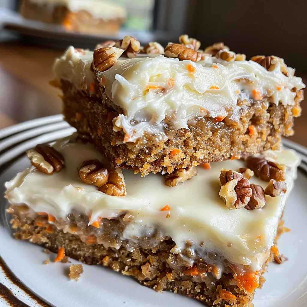 Side view of moist carrot cake bars with a creamy frosting layer.