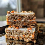Close-up of golden-brown carrot cake breakfast bars with visible chunks of carrots and nuts.