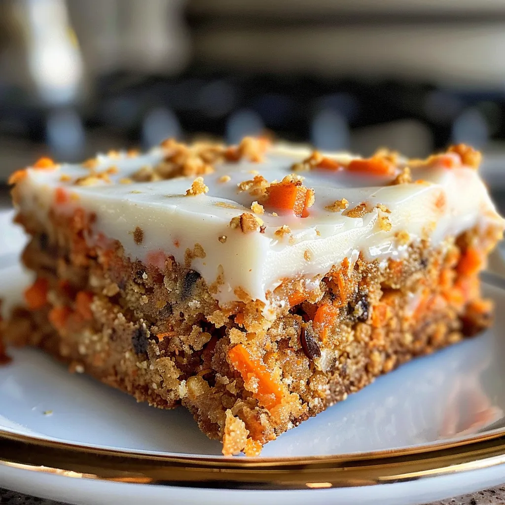Side view of freshly baked carrot cake breakfast bars, showcasing a moist texture and colorful ingredients.
