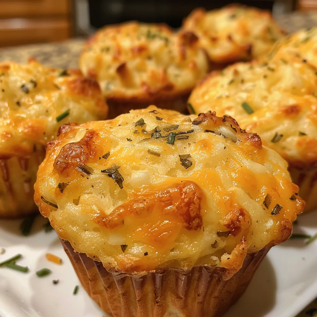 Side view of warm, cheesy muffins sprinkled with fresh herbs on a plate.