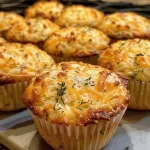 Close-up view of golden-brown cheesy herb muffins with a fluffy texture.