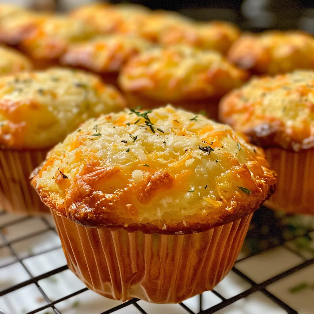 Side view of freshly baked muffins with herbs and cheese peeking through.
