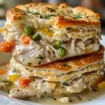 Juicy Chicken Pot Pie Biscuit Cups with flaky biscuit edges and colorful vegetables.