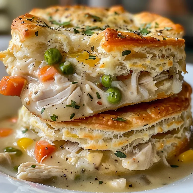 Juicy Chicken Pot Pie Biscuit Cups with flaky biscuit edges and colorful vegetables.