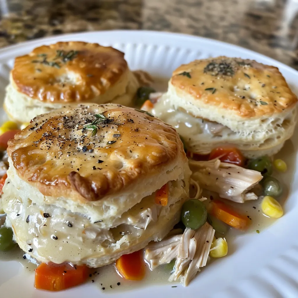 Side view of Chicken Pot Pie Biscuit Cups filled with creamy chicken and mixed vegetables.