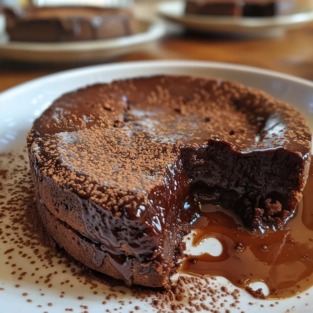 A side view of a Choco Lava cake showcasing its rich, flowing chocolate filling.