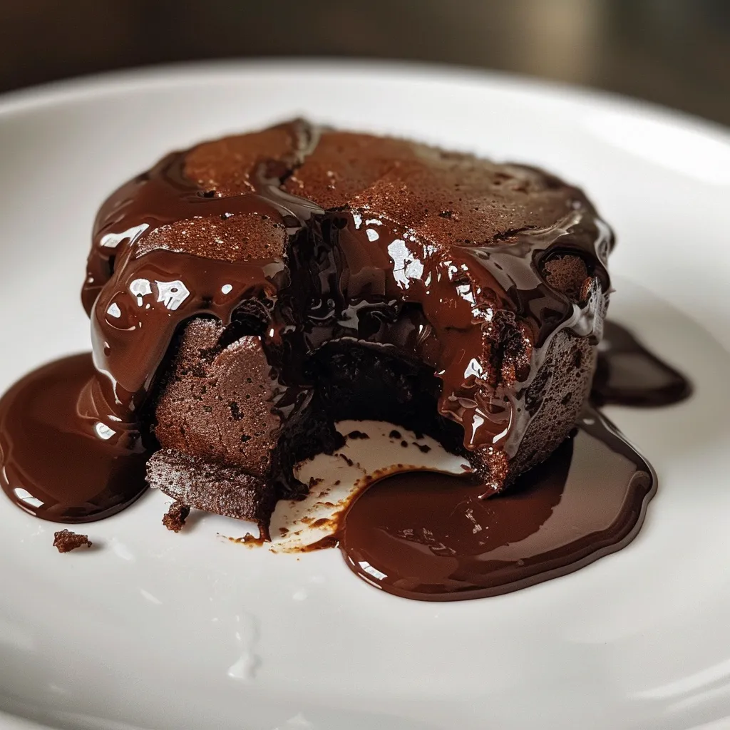 Side view of two decadent chocolate lava cakes, showcasing their rich, flowing chocolate filling.