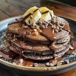 Close-up view of chocolate protein pancakes drizzled with dark chocolate and topped with banana slices.