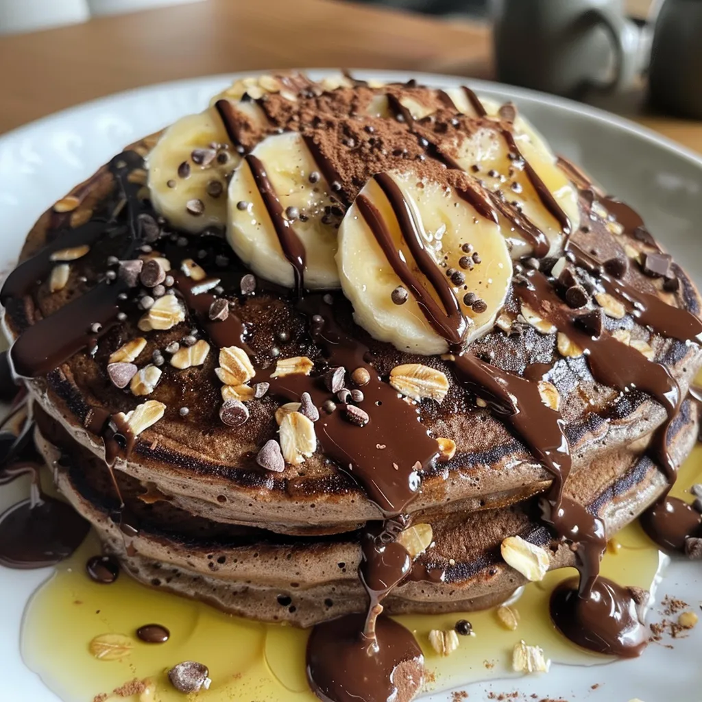 Side view of a stack of fluffy chocolate protein pancakes with cacao nibs and bananas on top.