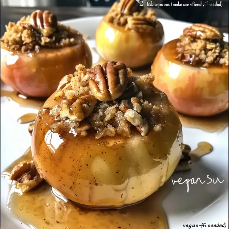 Close-up of juicy baked apples topped with walnut and oat mixture.