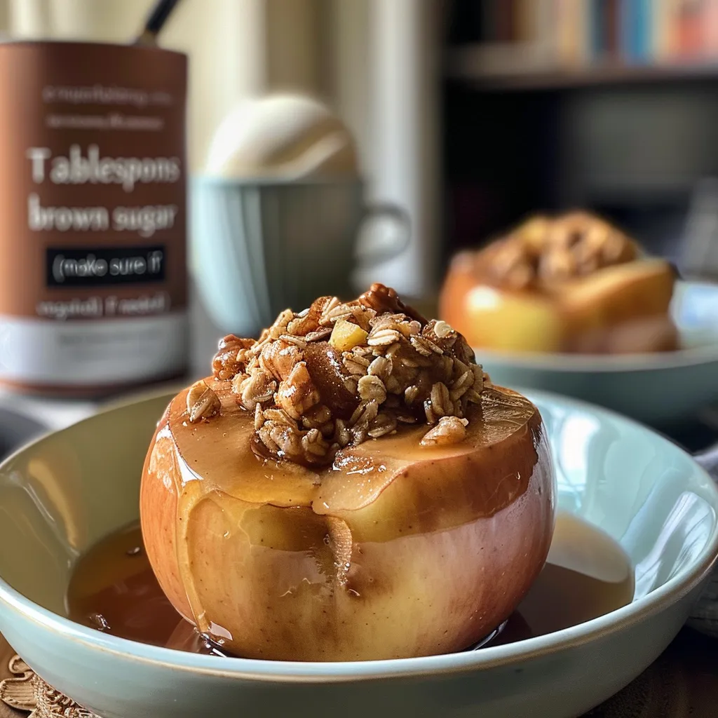 Side view of Cinnamon Maple Baked Apples with caramelized topping.