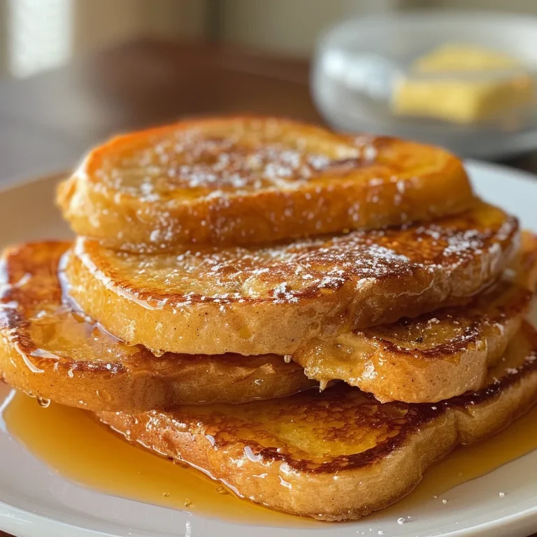 Close-up view of juicy classic French toast topped with syrup.