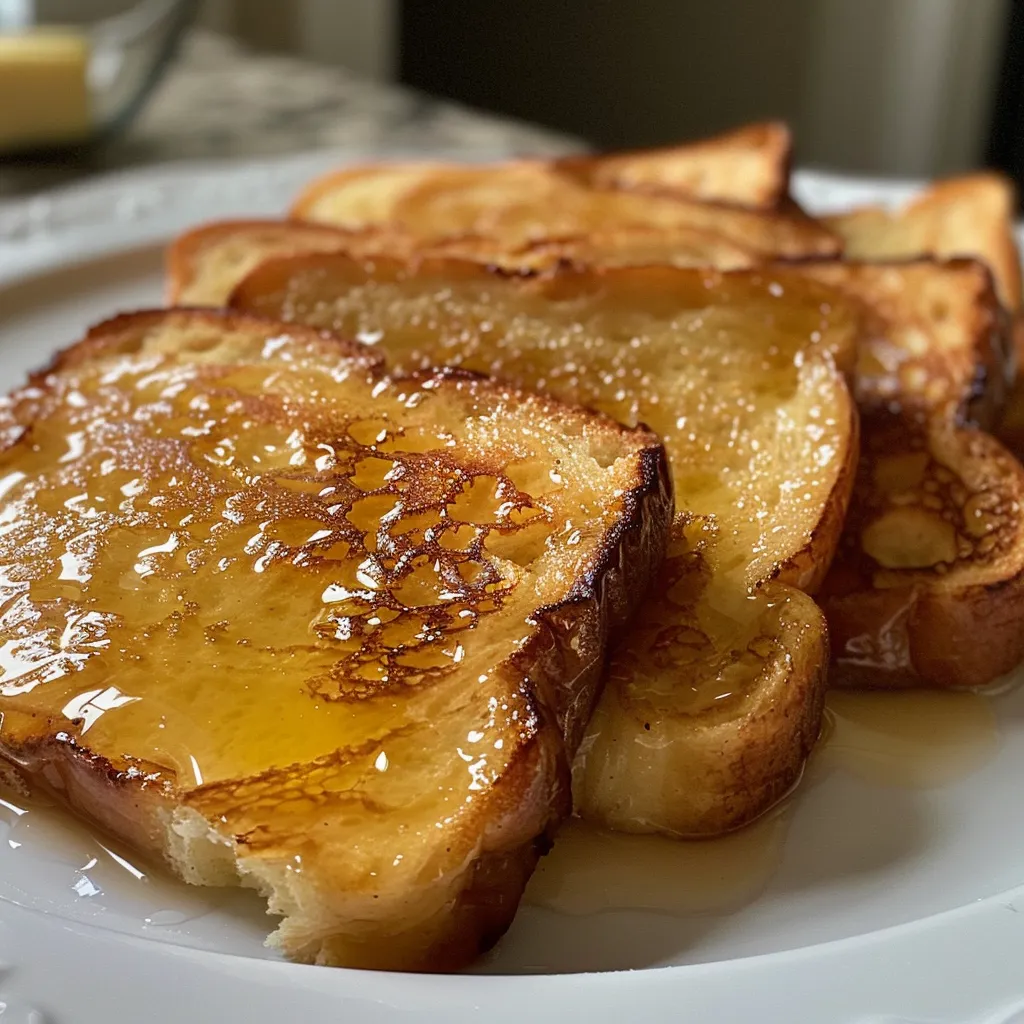 Side view of thick slices of French toast garnished with cinnamon.
