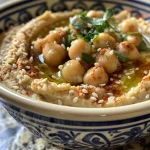 A close-up view of creamy garlic and lemon hummus in a bowl, garnished with olive oil and spices.