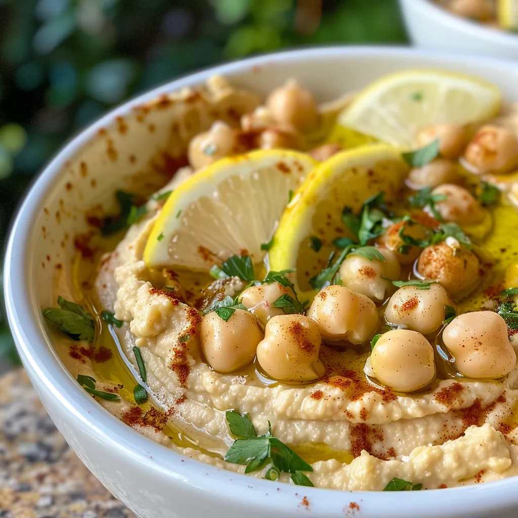 Side angle of a smooth hummus made with garlic and lemon in a rustic bowl, showcasing its rich texture.