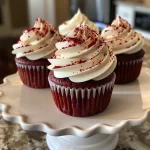 Close-up view of a red velvet cupcake with cream cheese frosting and decorative sprinkles.