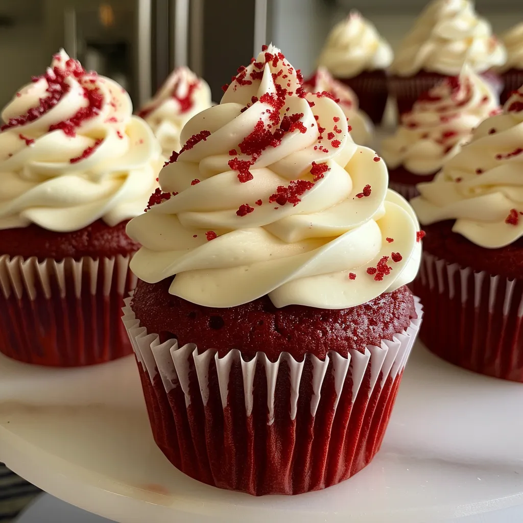 Side angle photo of classic red velvet cupcakes stacked on a plate, showcasing their rich color and creamy topping.