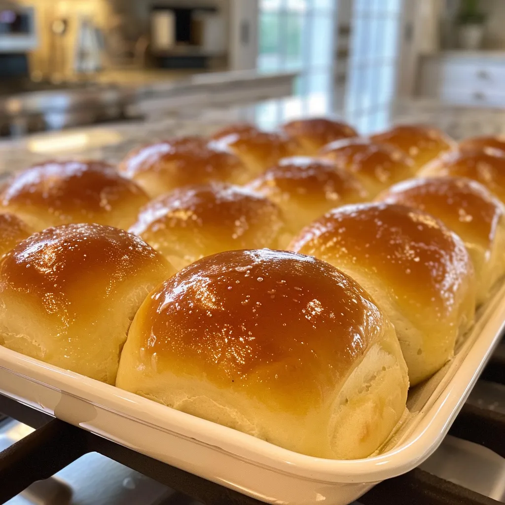 Soft, freshly baked dinner rolls arranged neatly, showcasing their fluffy texture.