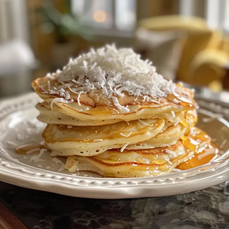 Savoring Sunshine: How Coconut Cream Pancakes Bring Joy to Every Morning A close-up side view of fluffy coconut cream pancakes stacked on a plate.