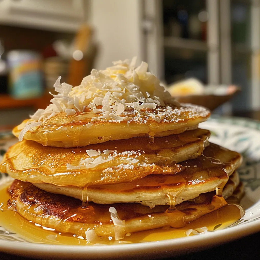 Juicy coconut cream pancakes topped with shredded coconut and drizzled with syrup.