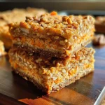 Close-up side view of cottage cheese carrot cake bars displayed on a white plate.