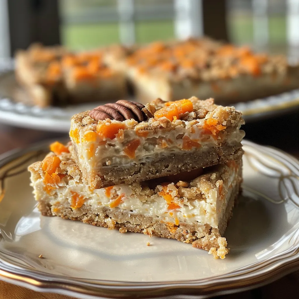 A delicious slice of carrot cake bar showcasing a moist texture and topped with walnuts.