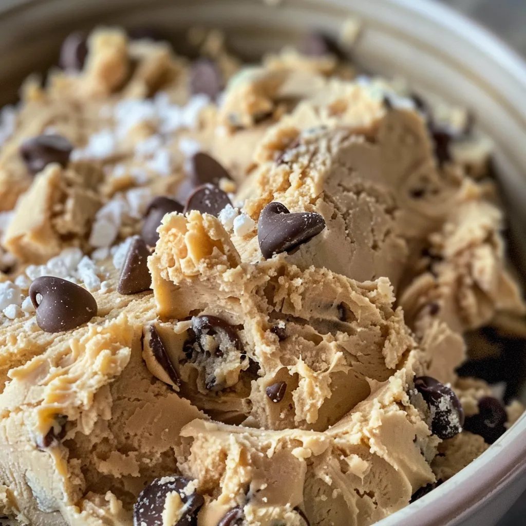 Side view of a bowl filled with Cottage Cheese Cookie Dough, showcasing its texture.