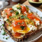 A close-up side view of Cottage Cheese Egg & Sriracha Protein Toast with colorful toppings.