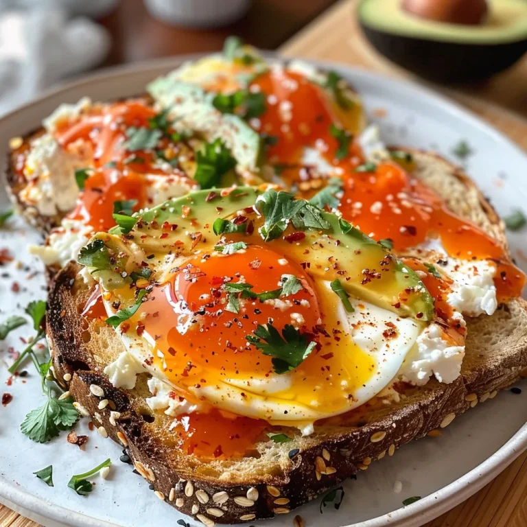 A Flavorful Morning Boost: Cottage Cheese Egg & Sriracha Protein Toast A close-up side view of Cottage Cheese Egg & Sriracha Protein Toast with colorful toppings.