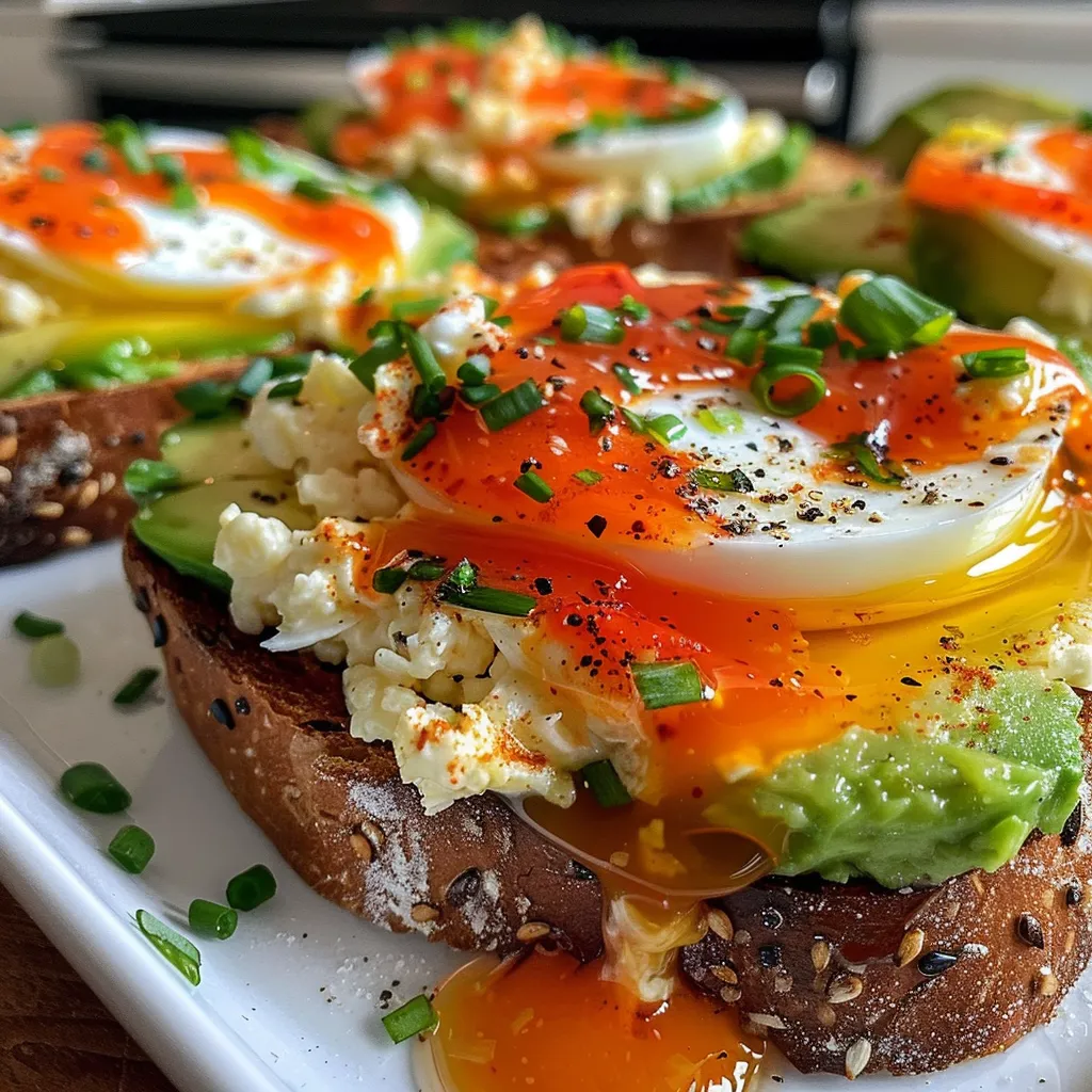 A detailed view of toast topped with cottage cheese, eggs, and sriracha sauce garnished with herbs.