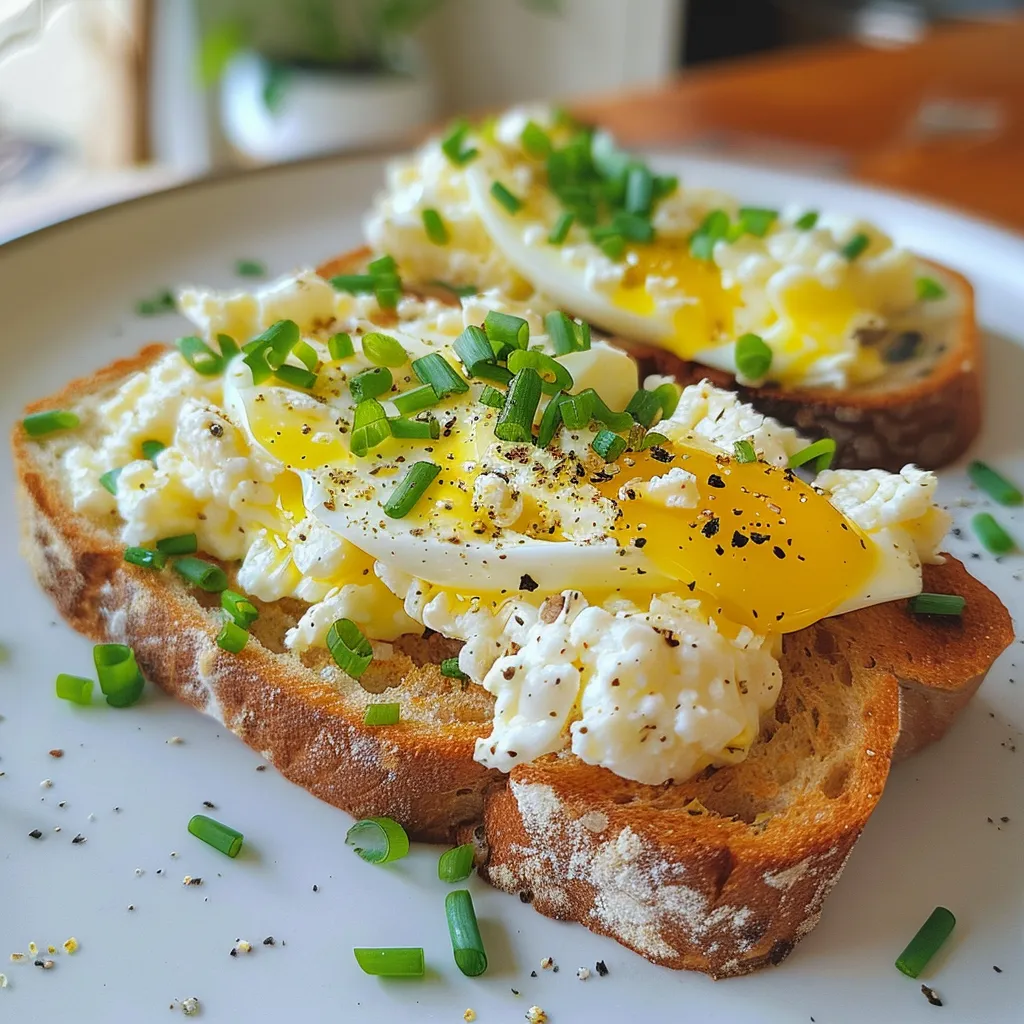 Side view of a slice of Cottage Cheese Egg Toast, featuring creamy cottage cheese and seasoned eggs topped with fresh herbs.