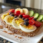 Close-up of a toasted slice of bread topped with cottage cheese, sliced hard-boiled egg, and avocado.