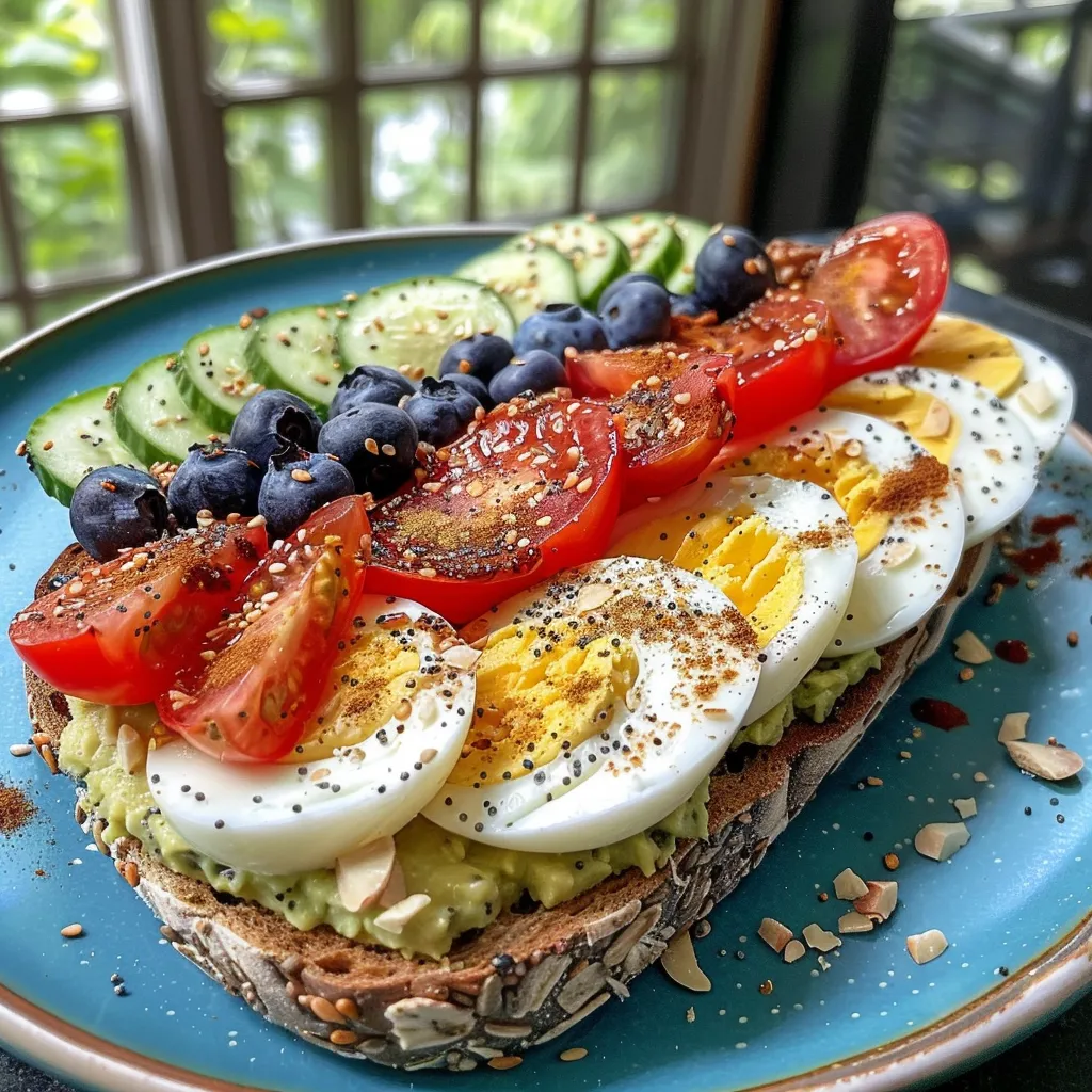 Side view of a delicious layered toast featuring cottage cheese, mixed berries, and smoked salmon.