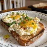Close-up view of Cottage Cheese Toast topped with a perfectly fried egg, garnished with chives and red pepper flakes.